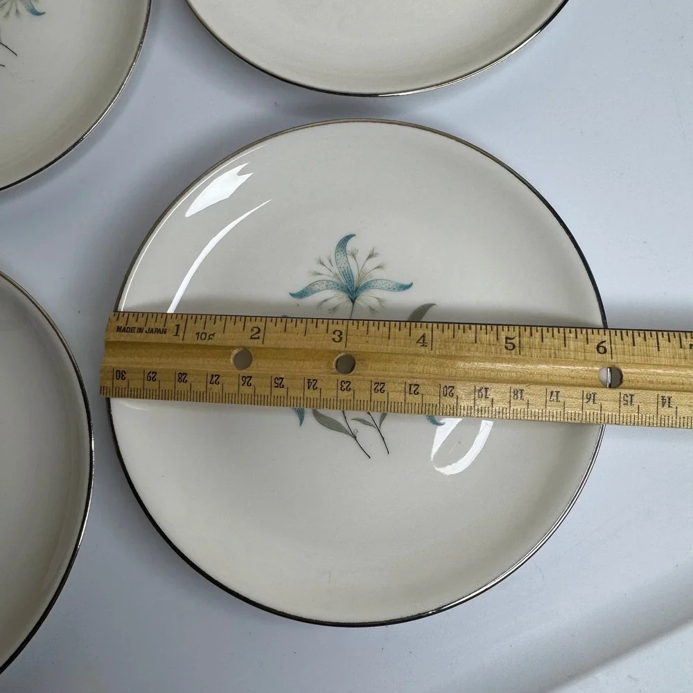 Homer Laughlin Triumph Cynthia Bread Butter Plates Set 5 Blue Floral Silver Trim